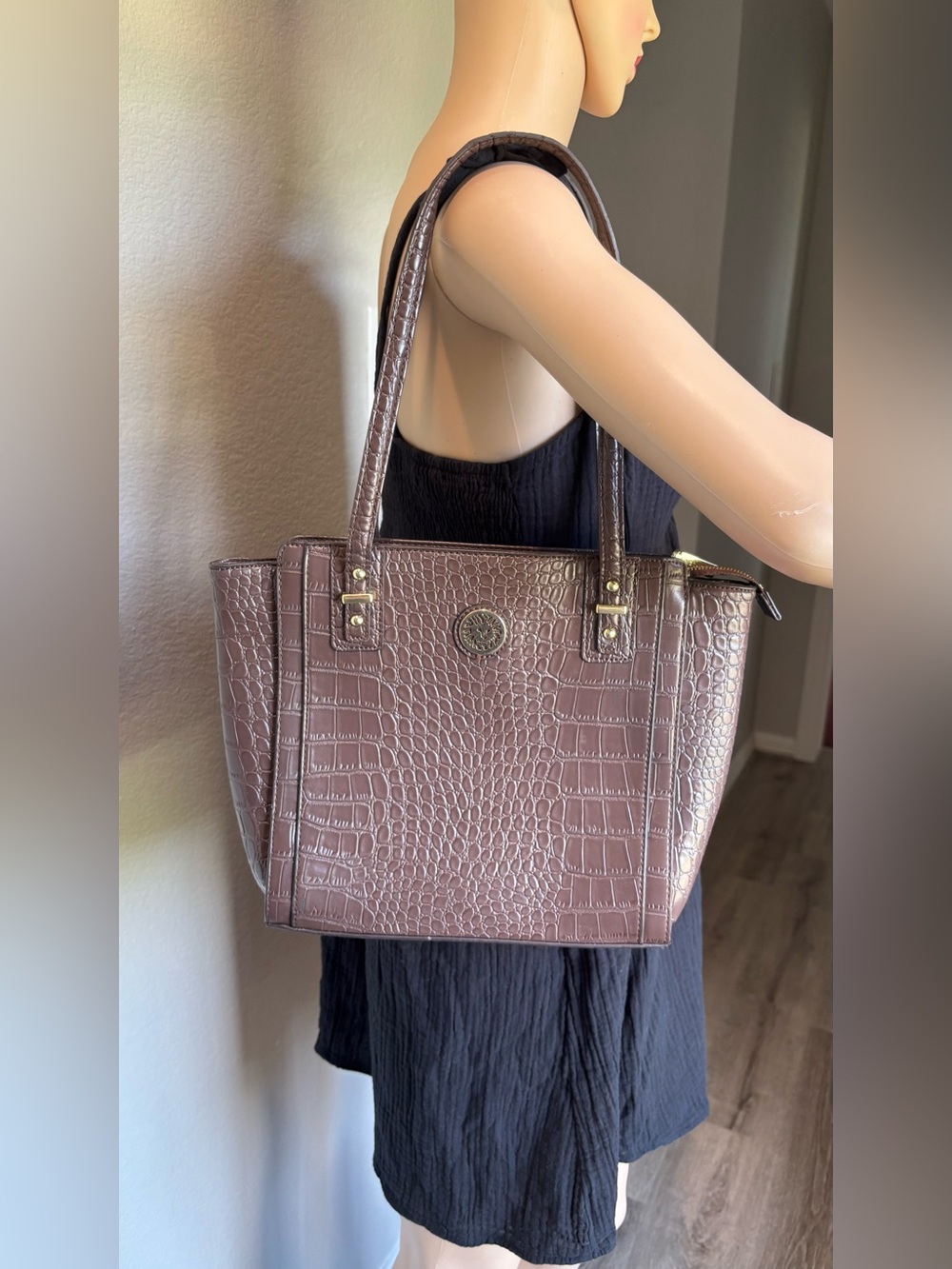 Anne Klein Croc-Embossed Mauve Tote with Gold Accents
